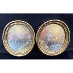 Vintage Syroco Pair Framed Pictures Oval 6.5"x7.5" English Countyside Cottage